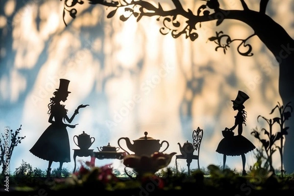 Fototapeta Scene from Lewis Carroll's classic tale 'Alice in Wonderland' showing Alice and the Mad Hatter having tea with friends