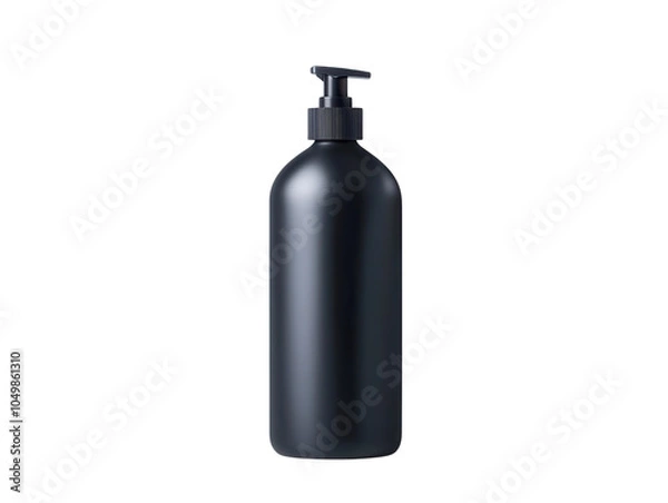 Fototapeta Elegant black bottle with a pump dispenser for cosmetics or skincare, isolated on white background.