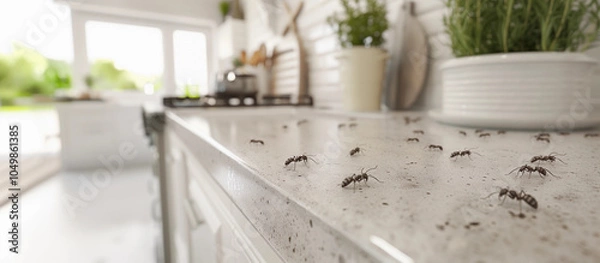 Fototapeta Lots of ants crawling white kitchen bench pest control bugs repellent dirty home infestation banner background copy space solution inspection concept