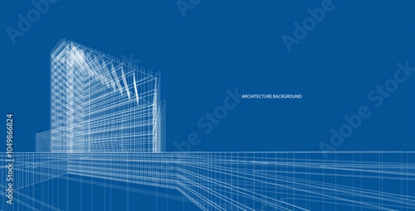 Fototapeta Perspective 3D render of building wireframe.
