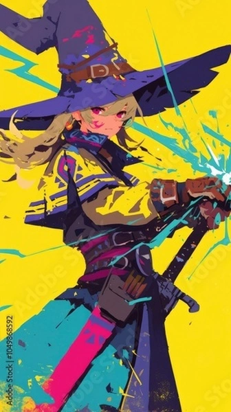 Fototapeta a powerful wizard casting a colorful burst of magical energy, his robe flowing with shifting hues of deep blues and purples. The energy crackles with life, lighting up the scene. Dominant colors: brig