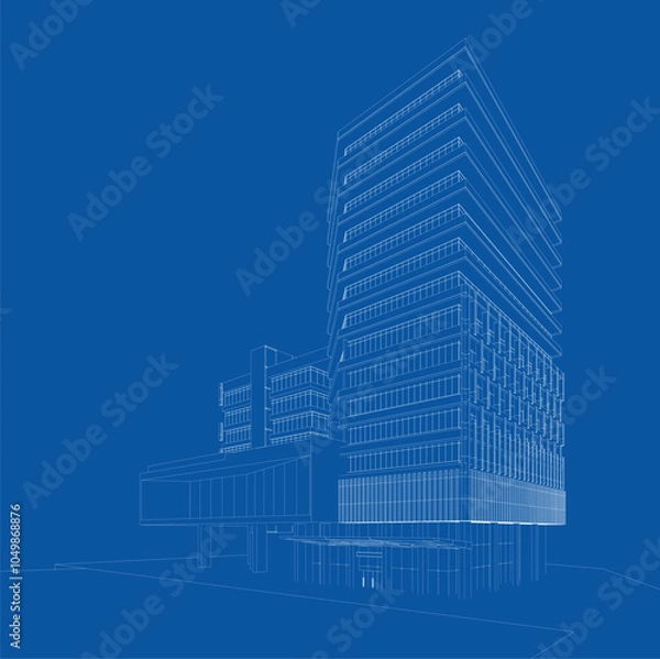 Fototapeta Perspective 3D render of building wireframe.
