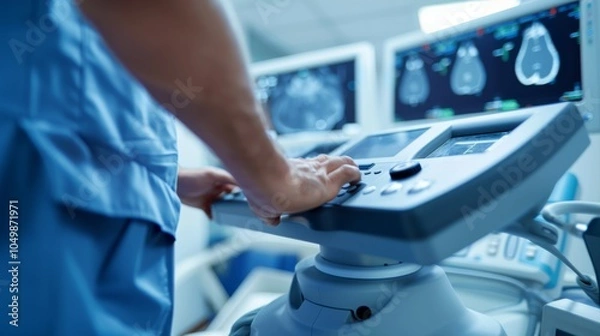 Obraz A close-up of a medical technician performing an ultrasound scan with focus on the ultrasound machine and patient’s abdomen, set against a bright, clinical examination room background