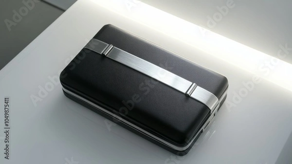 Fototapeta Minimalist black and silver luggage tag lying flat on a sleek white surface with subtle lighting travel and hospitality luxury in effortless travel