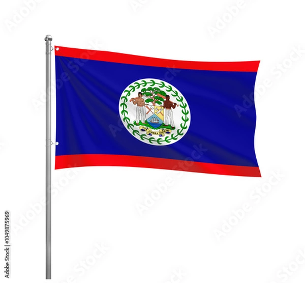 Fototapeta Belize National flag waving in the wind on a silver pole, isolated on transparent