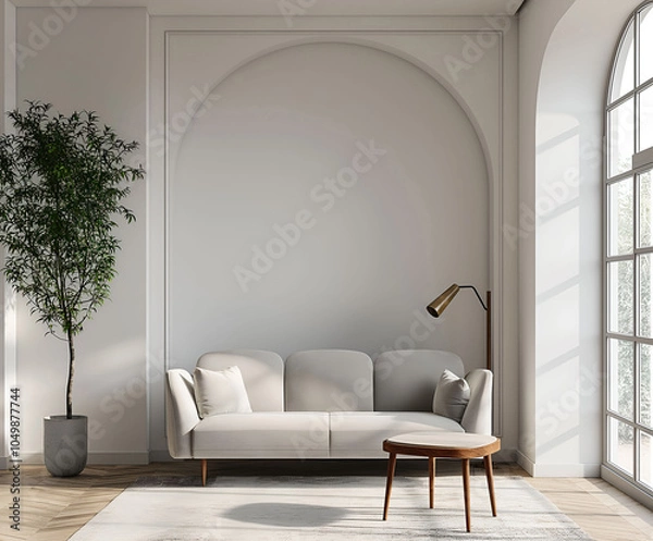 Fototapeta Aesthetic elegant minimalist modern interior design. Clear mock up empty wall for decoration in the apartment. Copy space in the room. Neutral palette of natural colors.