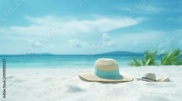 Fototapeta Beautiful beach scene with a blue and white straw hat and a white hat laying on the sand. The hat is positioned on the beach, and the sky is a clear blue color. The beach is empty