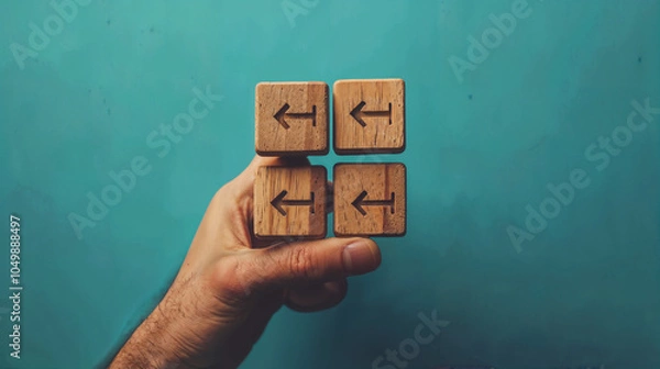 Fototapeta hand and a box with an arrow on the blue wall