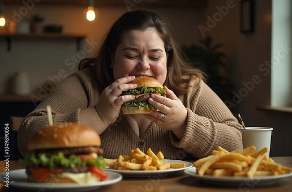 Obraz A plump fat woman at the table eating a hamburger, close-up