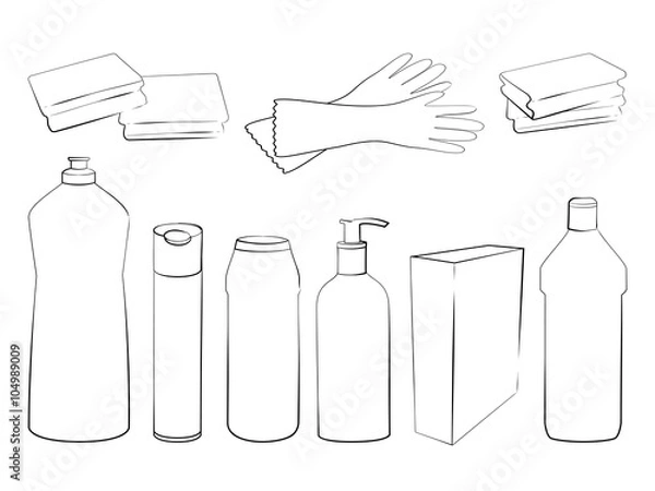 Fototapeta Hand drawn set of products for housekeeping and cleaning. Sketch of elements for cleaning isolated on white background.  Black and white outline