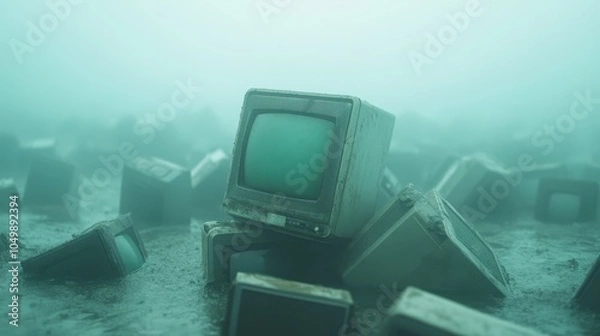 Fototapeta A pile of old televisions are stacked on top of each other in a muddy field