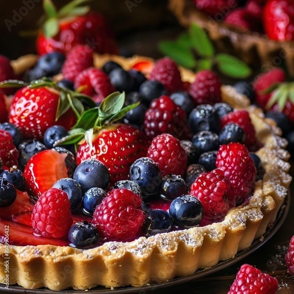 Fototapeta A close up shot of a decadent mixed berry tart, topped with strawberries, blueberries