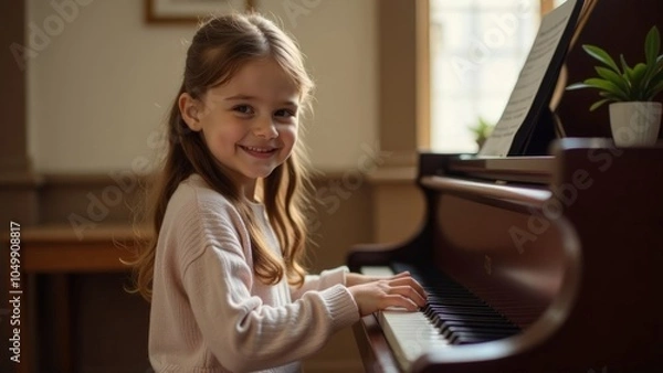 Fototapeta Young girl smiling while playing piano indoors, warm lighting, musical learning environment, representing joy, creativity, and childhood, horizontal. defocus