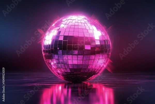 Obraz A reflective disco ball in a vibrant forest setting during twilight illuminated by colorful lights