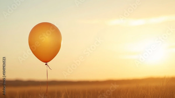 Fototapeta Orange balloon floating over a wheat field at sunset, creating a serene and dreamlike atmosphere