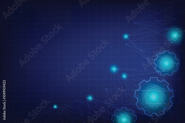 Fototapeta Dark and light blue color background. Technology template for design and edit. Line of hexagon shape and gear with particles element and network conection.
