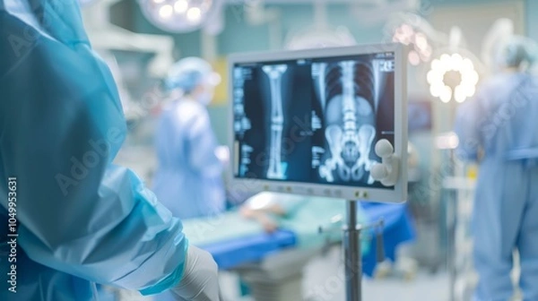Obraz A detailed view of an orthopedic surgeon examining an X-ray image of a patient‘s bone with focus on the X-ray screen and surgical tools, set against a clean, well-organized operating room