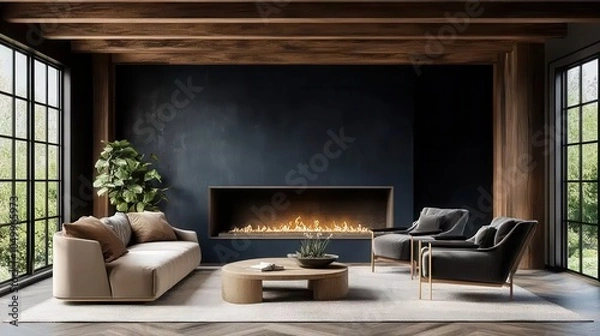 Fototapeta Dark blue walls with wooden floors, a modern fireplace as a centrepiece, black sofas and greenery to add a natural touch.