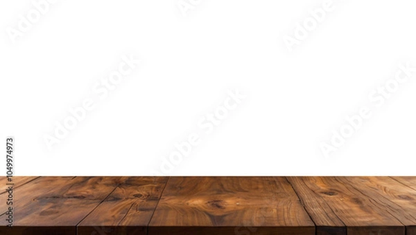 Fototapeta Empty wooden table with a smooth surface, ideal for displaying products. The backdrop is simple and neutral, perfect for showcasing items or presentations.