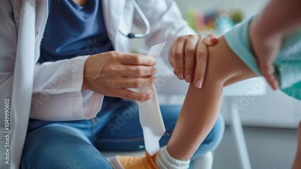 Fototapeta A healthcare professional applying an adhesive bandage to a child's knee in a clinic, macro shot, Minimalist style