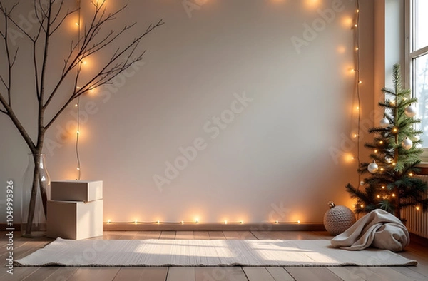 Obraz A festive yoga studio with Christmas lights, yoga mats, Christmas tree, copyspace 