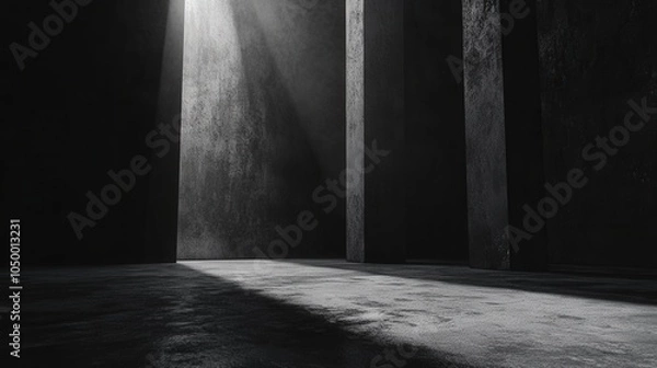 Obraz An abstract black and white background with a concrete floor and dark wall provides an empty canvas for displays or performances, enhanced by cinematic lighting that casts dramatic shadows.