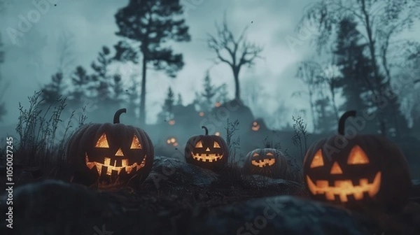 Obraz Glowing jackolanterns on a misty hilltop with shadowy trees, eerie Halloween night, spooky landscape