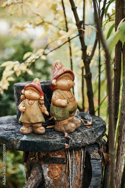 Fototapeta Clay gnomes boy and girl sitting on a wooden stump in the yard in the garden