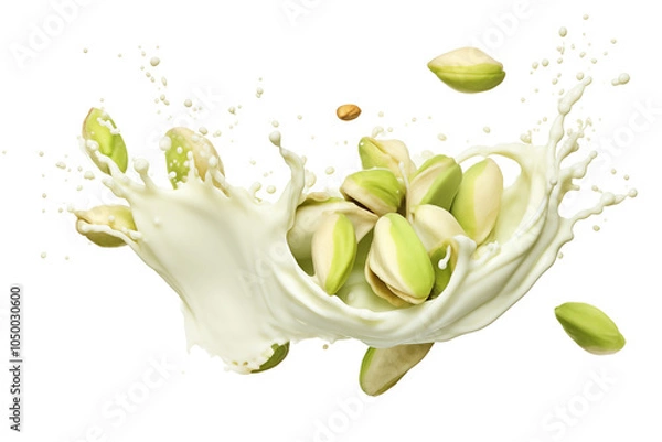 Fototapeta Dynamic visual of creamy milk splashes around vibrant pistachio kernels on transparent background