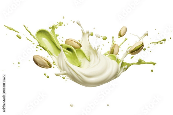 Fototapeta Creamy pistachio milk splash with nut kernels creating dynamic visual effect of vibrant green and white colors of freshness and indulgence for food related themes.