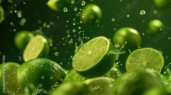 Obraz Fresh limes with water splash on green background