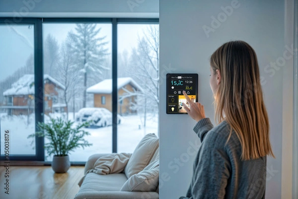 Obraz A woman lowers the temperature on a smart control panel, focusing on ecology and savings in the face of a potential energy crisis. The snowy landscape outside emphasizes the winter atmosphere.