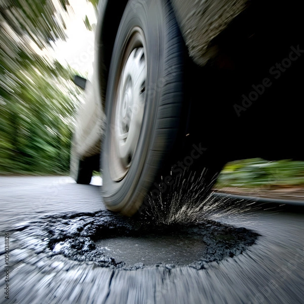 Fototapeta Car hitting a pothole at high speed with motion blur