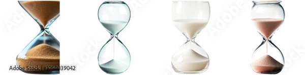 Obraz Four elegantly designed hourglasses filled with distinct sands of varying colors demonstrate the concept of time passing, each unique in texture and hue, creating a captivating visual