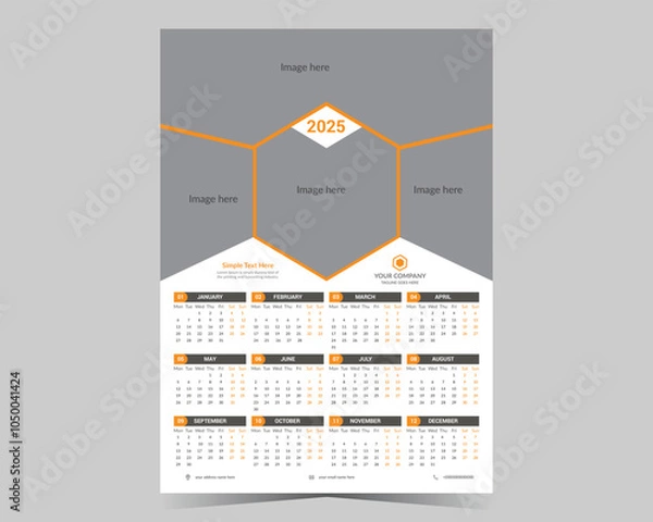 Fototapeta Wall calendar 2025 template, modern 12 month one page calendar design, corporate business calendar.