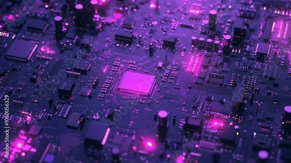 Fototapeta Abstract Purple Circuit Board Background with Glowing Elements