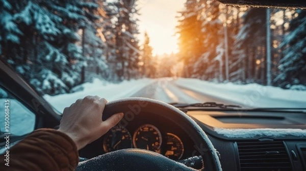 Obraz Driving through a Winter Landscape at Sunset