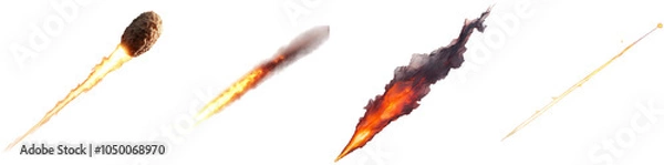 Obraz This artwork features four types of fire projectiles with distinct shapes and fiery trails. Each projectile showcases unique characteristics, highlighting their dynamic movement and intensity
