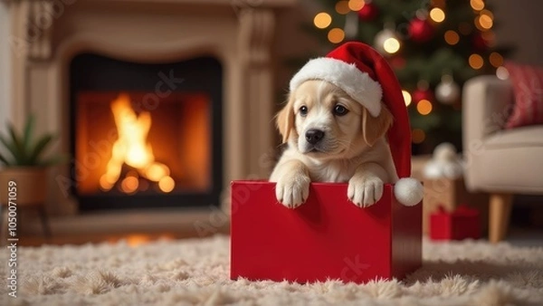 Fototapeta A cute golden labrador puppy wearing a Santa hat sits in a red box in front of a fireplace and a Christmas tree, capturing the joy and spirit of the holiday season.
