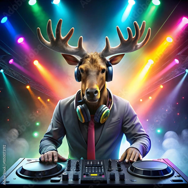 Obraz A lively moose with headphones spins records and DJs a party.
