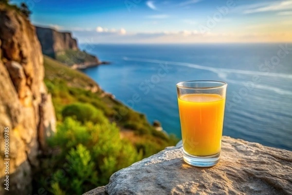 Fototapeta A glass of freshly squeezed orange juice sits on a rocky cliff edge, nature scenery, outdoor setting, coastal living, freshly squeezed orange juice