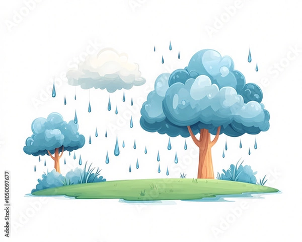 Fototapeta Explore the charming scene of a cartoon-style forest where playful clouds release gentle raindrops nourishing vibrant trees and lush greenery