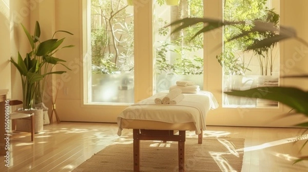 Fototapeta A serene image of a patient receiving a massage in a wellness center with natural light streaming through the windows, set against a soothing, spa-like background
