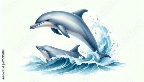 Obraz Energetic Dolphin Leaping Through Watercolor Waves
