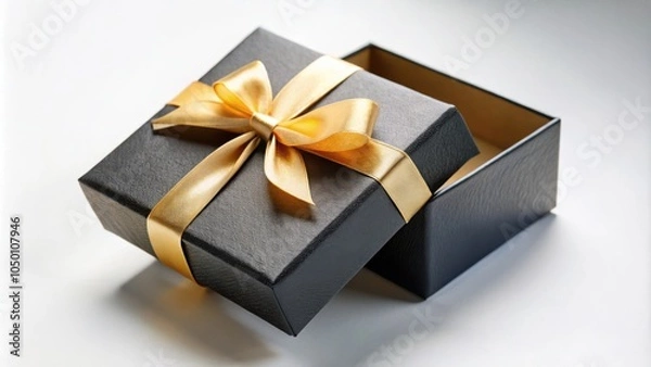 Fototapeta A partially open black gift box with a gold satin ribbon and bow, ready to reveal the contents inside