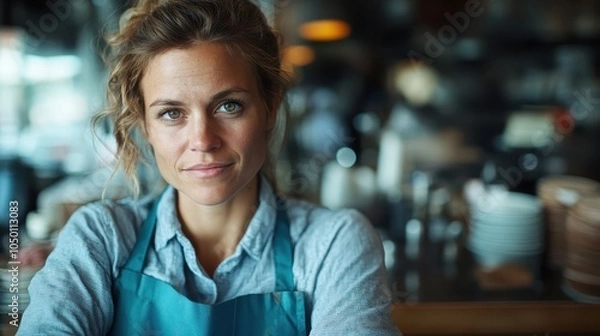 Fototapeta Captured in a lively cafe, a woman in a blue apron stands confidently against a blurred backdrop, embodying dedication and attentiveness in her work environment.