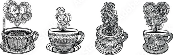 Obraz 4 Abstract mandala doodle coffee cup for design element, engraving, adult coloring page. Vector illustration.
