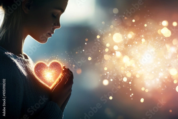 Obraz Side view of a young woman with serene expression holding a glowing heart, on a background of bright lights. Valentine's Day concepts, love and emotions.