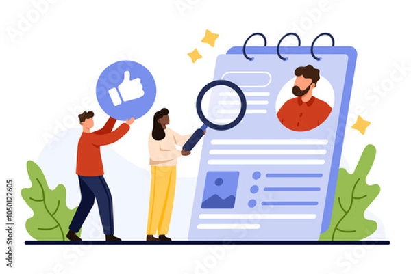Fototapeta Review data of employees CV, vacancy. Tiny people with magnifying glass research professional candidates resume to find skills, recruit staff for hiring and interview cartoon vector illustration