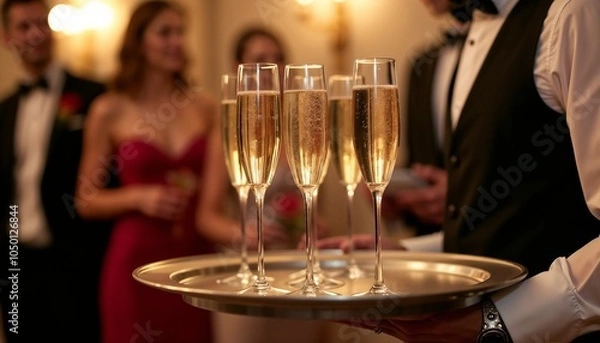 Fototapeta Waiter serving champagne glasses on a tray at a festive event with guests
